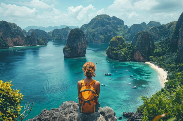 Photo solo traveler admiring a breathtaking tropical panorama