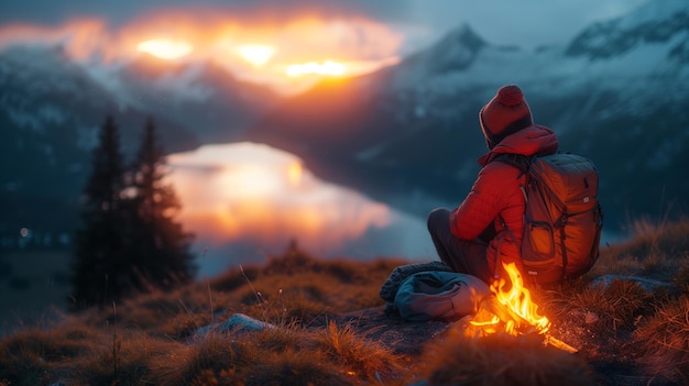 山 の キャンプファイア の 近く で 夕暮れ を 楽しむ 一人 の 旅行 者