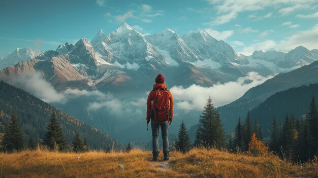 A solo traveler gazing at a majestic mountain range from a peaceful hilltop