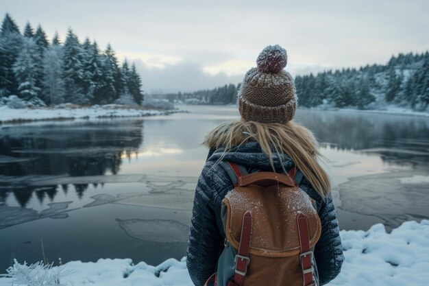 Solo Traveler with Backpack Contemplating the Tranquil Winter Landscape by a Frozen Lake