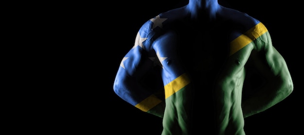 Solomon Islands flag on muscled male torso with abs, black background