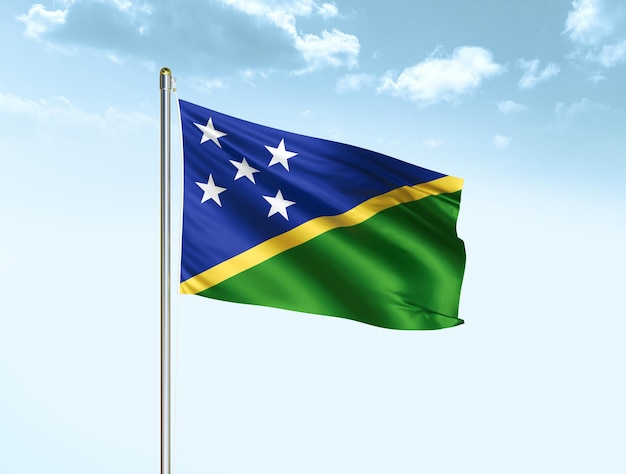 Solomon Islands national flag waving in blue sky with clouds Solomon Islands flag 3D illustration