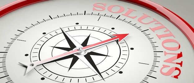 Solution concept Compass red arrow pointing at word Solution 3d illustration