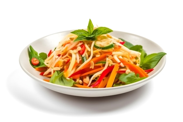 Som Tam Papaya salad with cashew nuts on white background