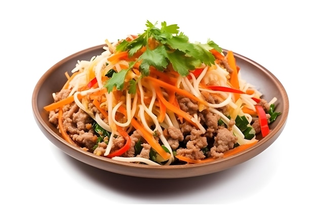 Som Tam Papaya salad with cashew nuts on white background