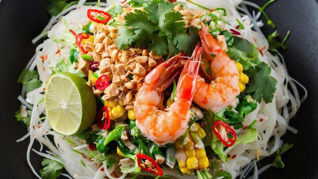 Som tum met maïs en garnalen geserveerd met rijstnoedels en groene salade versierd met Thaise gerechten