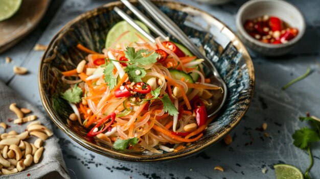 Som Tum sensation A refreshing bowl of Som Tum papaya salad bursting with vibrant flavors of lime chili and fish sauce