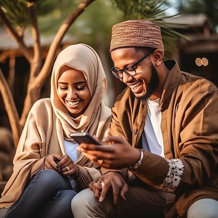 Somali couple using smartphone outdoors