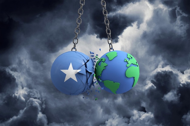 Somalia flag ball smashing into planet earth global impact and disaster concept d render