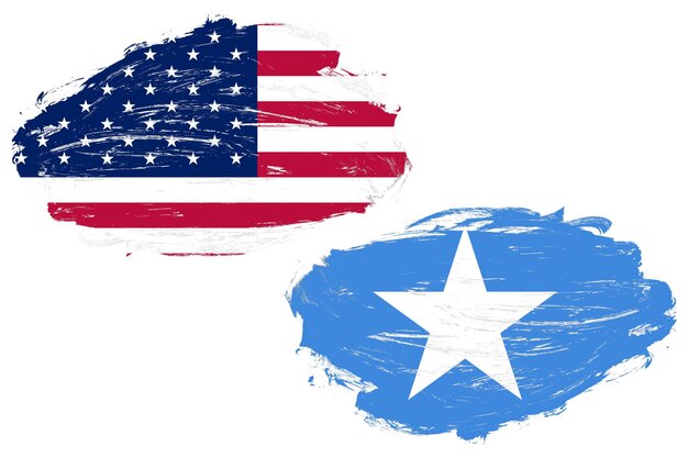 Somalia and united states flag together on a white stroke brush background