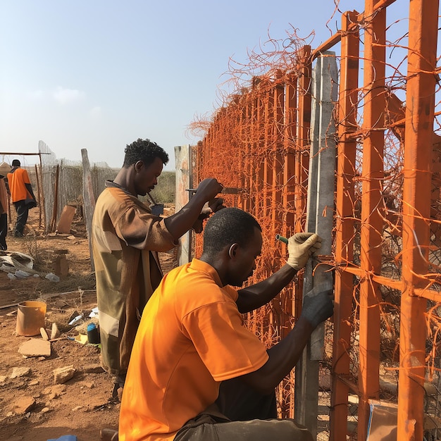 Foto somalische arbeiders bouwen een hek bij oranje vonken
