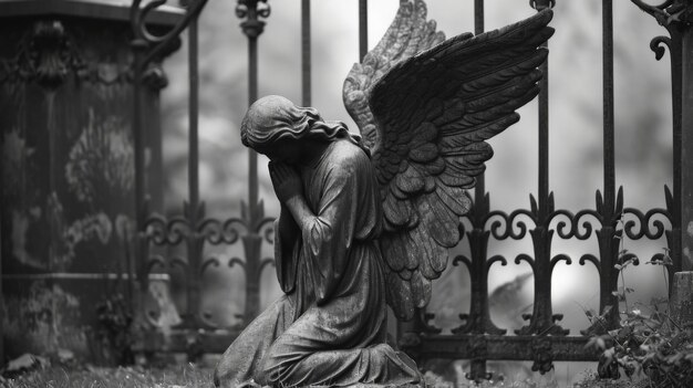 A somber angel kneels in front of a cemetery gate a symbol of their duty to watch over the departed