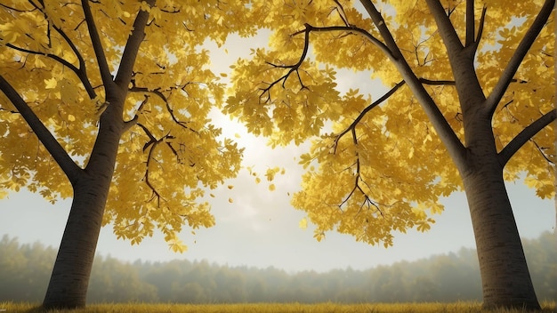 Somber autumn scene with golden tree canopy