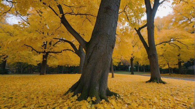 Somber autumn scene with golden tree canopy