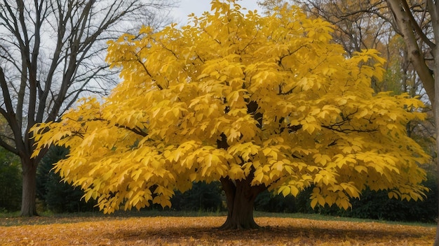 Somber autumn scene with golden tree canopy