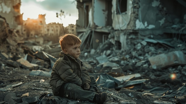 A somber child sits amidst the ruins symbolizing innocence in a landscape of destruction