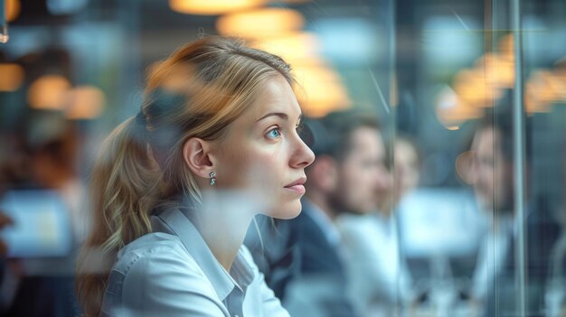 Photo a somber meeting in a corporate office with women serious faces