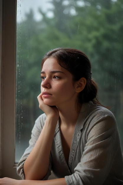Somber Rainy Scene Expressief portret van een verdrietige vrouw bij het raam gegenereerd door AI