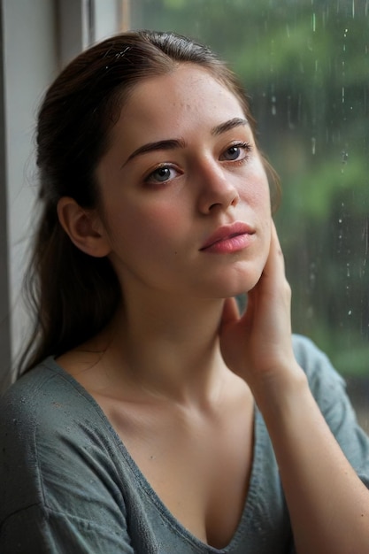 Somber Rainy Scene Expressief portret van een verdrietige vrouw bij het raam gegenereerd door AI