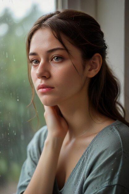 Somber Rainy Scene Expressive Portrait of Sad Woman by the Window Generated by AI