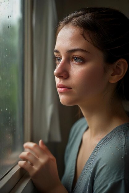 Foto scena piovosa triste ritratto espressivo di una donna triste accanto alla finestra generato dall'ai