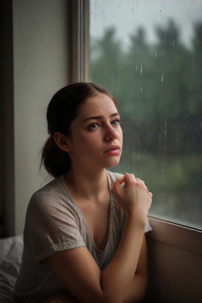 Foto scena piovosa triste ritratto espressivo di una donna triste accanto alla finestra generato dall'ai