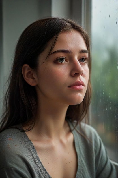 Foto scena piovosa triste ritratto espressivo di una donna triste accanto alla finestra generato dall'ai