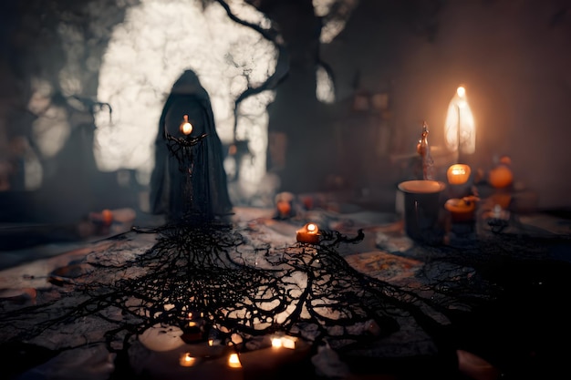 Sombere hekserij tovenaar schuilplaats met donkere occulte stemming neurale netwerk gegenereerde kunst
