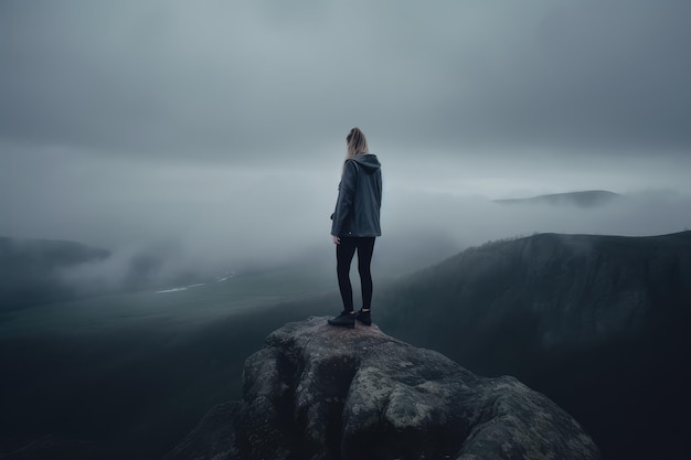 Sombere opname van een jonge vrouw die op de afgrond van een door AI gegenereerd beeld van een berg staat