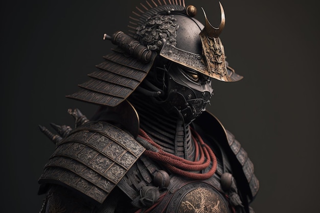 Sombere samurai krijger met pantser zwarte achtergrond Generatieve AI