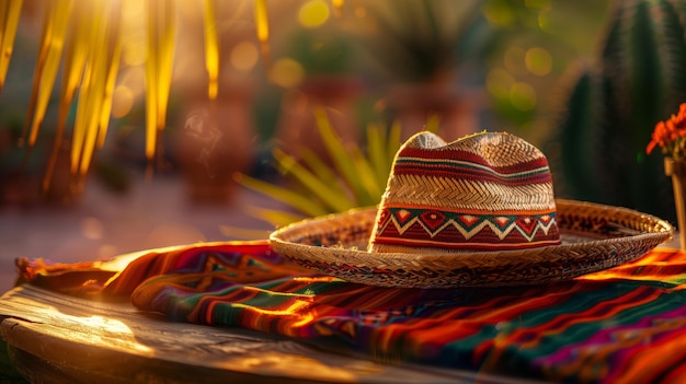 Sombrero rests on vibrant tablecloth under a cloudy sky