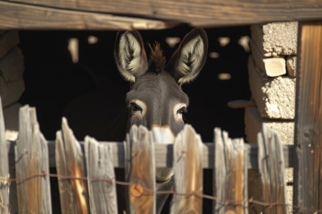 Photo sombrerodonning donkey peeking through a wooden fence