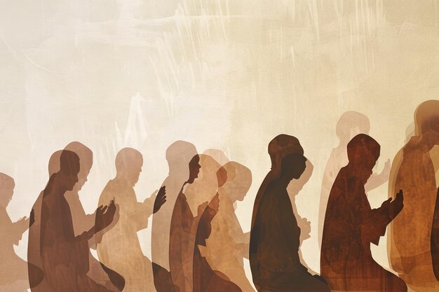 some abstract silhouette of muslim individuals in various prayer poses blending into one another representing the unity in devotion observed during Ramadan