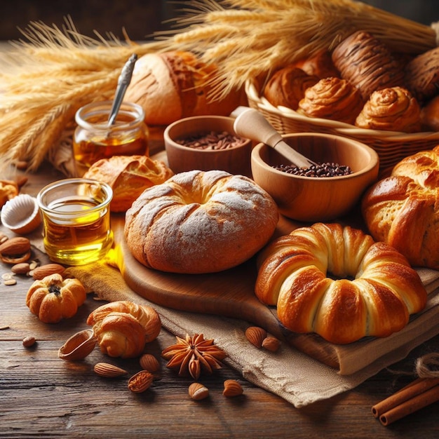 Some baked goods on a wooden table next to some ears of wheat Some baked goods on a wooden table