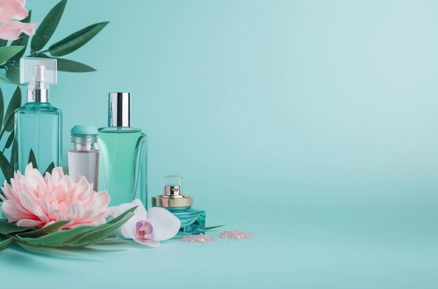 Foto alcuni prodotti di bellezza profumi e cosmetici su uno sfondo blu rosa