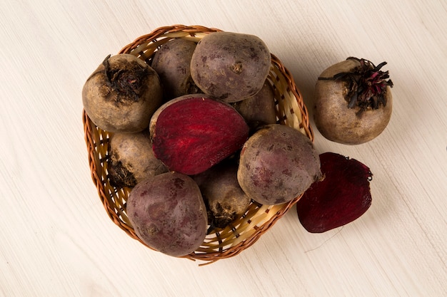 Some beets in a basket. Fresh vegetable.