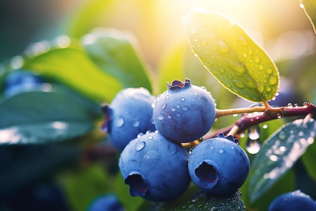 Some blueberries on a branch at sunrise