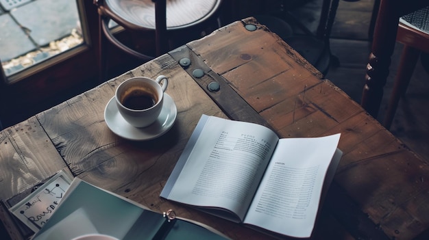 テーブルの上にコーヒーを持った本をいくつか