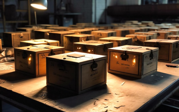 Some boxes on the table in the warehouse