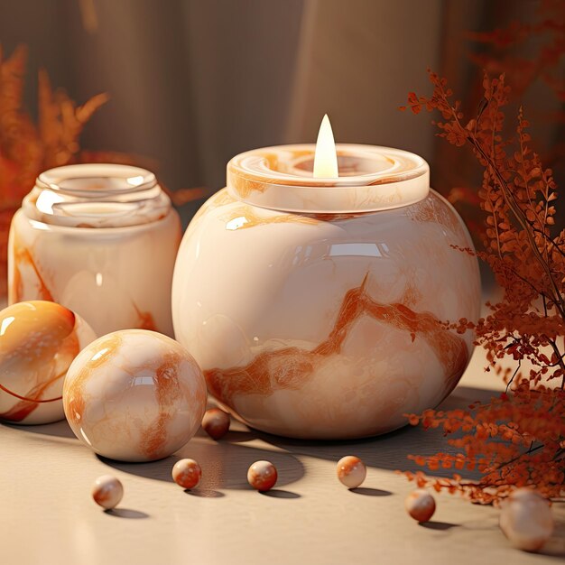 Photo some candles on a table with flowers and leaves in the vases behind it is an arrangement of orange brown and white marble