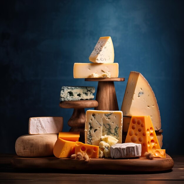 some cheeses are piled up on a wooden board in the style of dark skyblue and amber