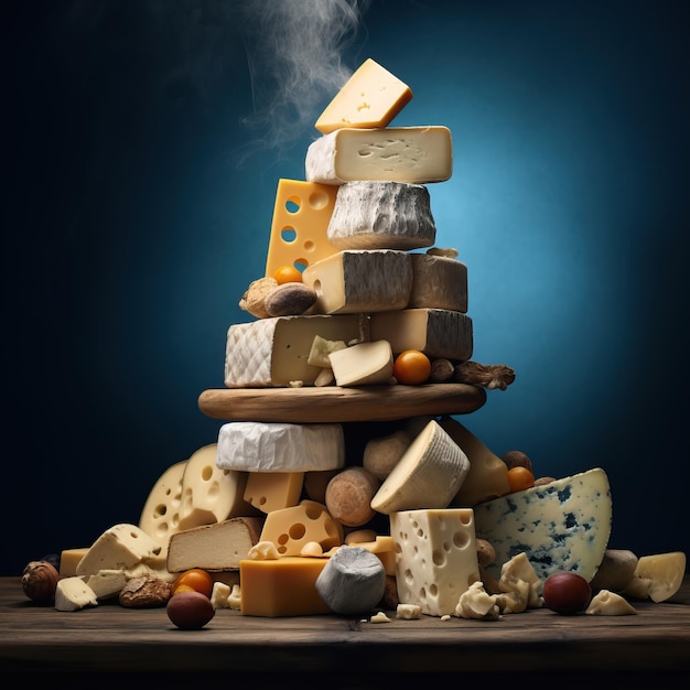 some cheeses are piled up on a wooden board in the style of dark skyblue and amber