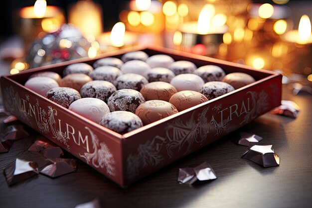 Photo some chocolates in a box on a table with candles and lights in the background at night time as seen from above