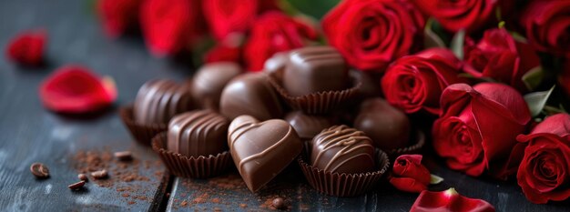 some chocolates in a heart shape sit on top of red roses