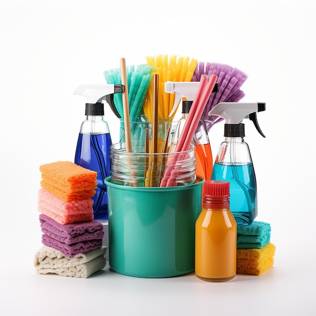 some cleaning supplies on white background