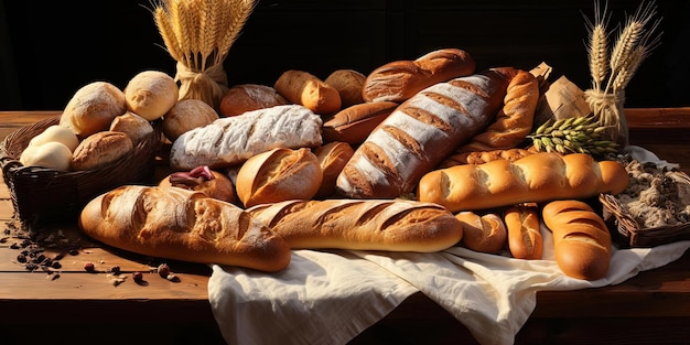 Фото Несколько различных видов хлеба на деревянном столе в стиле воздушной фотографии