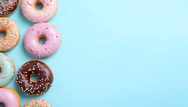 Some donut on the left light blue background with copy space top view