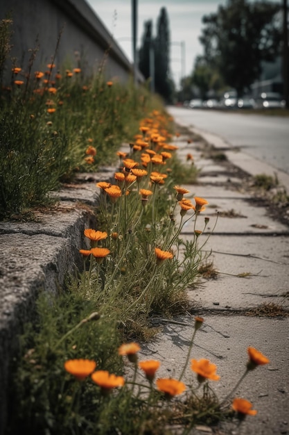 Some flowers that are lined up on the side of a road