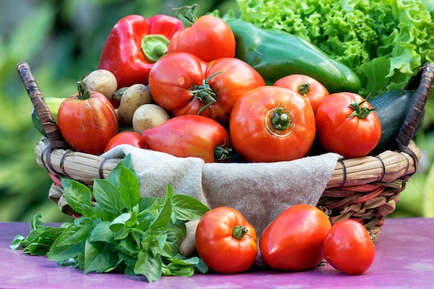 Some fresh vegetables on table in a garden