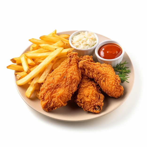 Some Fried Chicken And French Fries On A Plate